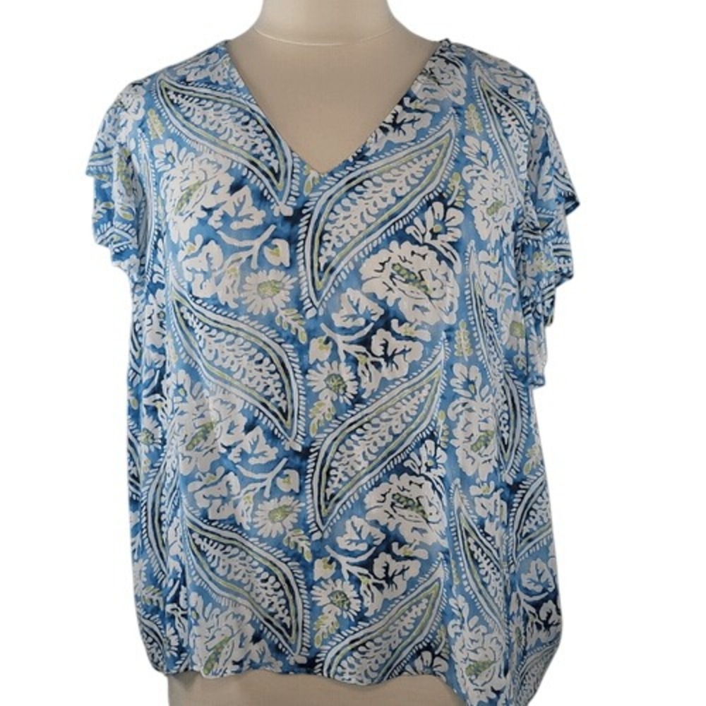 Christian Siriano Blue and White Floral‎ V-Neck Blouse